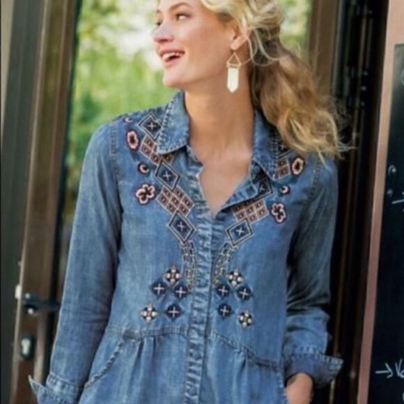 Soft Surroundings Alalic Embroidered Denim Button Front Tunic, Longsleeve | S - Picture 10 of 11